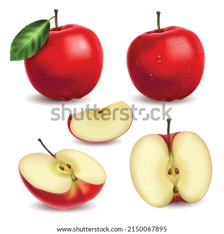 Realistic set of whole and sliced fresh juicy red apples isolated vector illustration