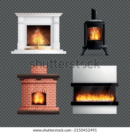 Fireplace realistic set with four isolated images of chimney with various design and materials with fire vector illustration