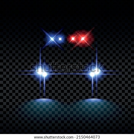 Police car lights realistic set with siren headlights and reflection on road isolated on transparent background vector illustration