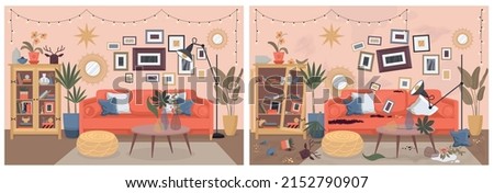 Dirty and clean living room interior set of two compositions with views before and after cleanup vector illustration
