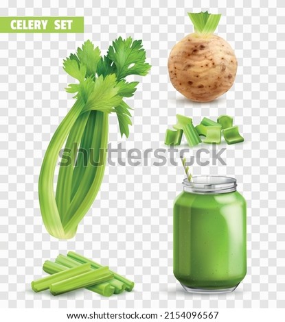 Realistic celery transparent icon set jar of ready made smoothie root stem with and without leaves
