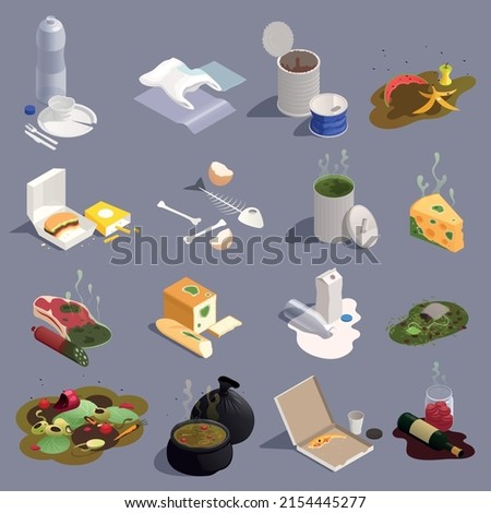 Food waste isometric set with expired rotten products leftovers plastic debris isolated on color background 3d vector illustration ストックフォト © 