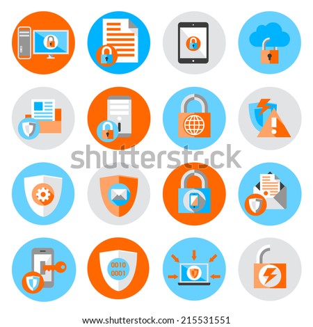 Business data protection technology and cloud network security icons set flat vector illustration