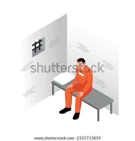 Isometric jail inmates criminals arrested prison composition with character of prisoner in cell vector illustration
