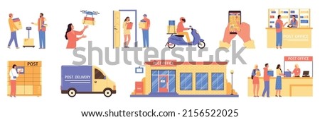 Post office and delivery flat icons set with modern mail system scenes isolated vector illustration