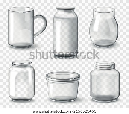 Realistic glass jars set with isolated images of transparent glossy vials of different size and shape vector illustration