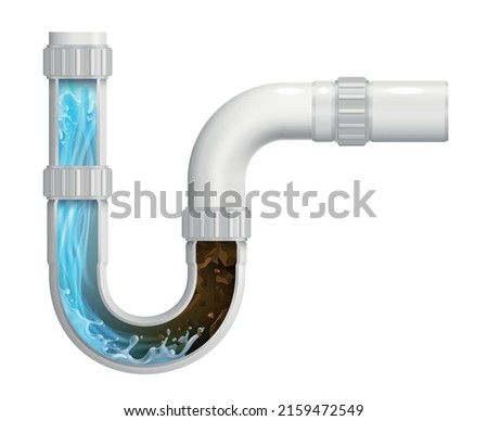 Plastic sewer pipe with blockage and drain cleaner realistic design concept on white background vector illustration