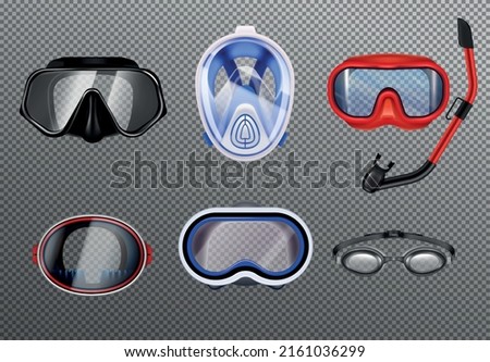 Diving mask realistic set with snorkel and goggles of different types isolated on transparent background vector illustration