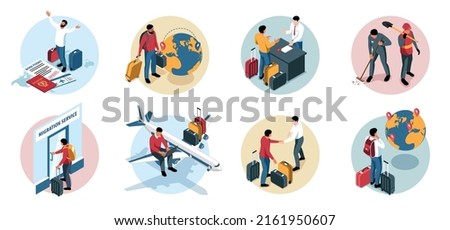 Migrant workers compositions set with migration service employees working abroad people with suitcases isolated 3d vector illustration