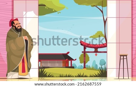 Ancient chinese philosopher and thinker confucius at traditional eastern buildings background flat vector illustration