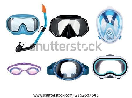 Set of diving snorkelling masks in different colours isolated on white background realistic vector illustration