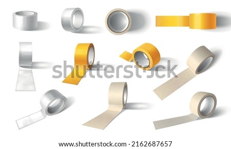 Duct tape mockup realistic set of isolated images with adhesive tape rolls various angles and color vector illustration