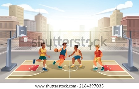 Men playing basketball on outdoor city court cartoon vector illustration