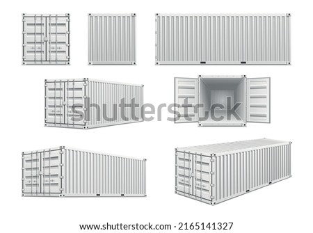 White metal cargo container from different angles realistic set isolated vector illustration