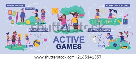 Children active games infographic with funny games round dances hopscotch board and catch up games descriptions vector illustration