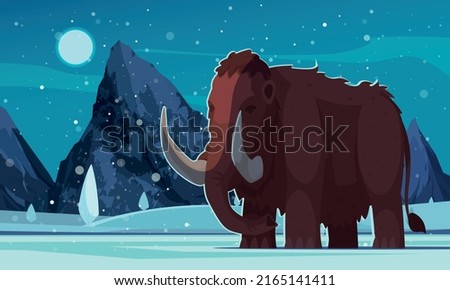 Ancient mammoth in snowy area with rocks in background cartoon vector illustration