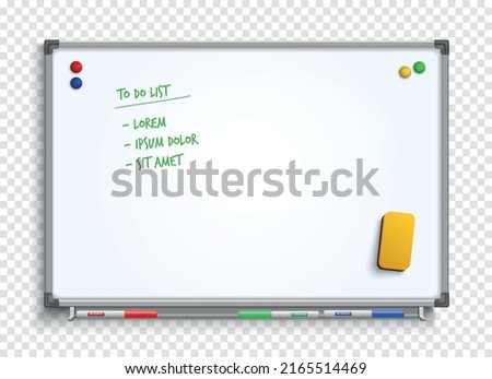 Magnetic marker whiteboard with erasing sponge pens and magnets on transparent background realistic vector illustration