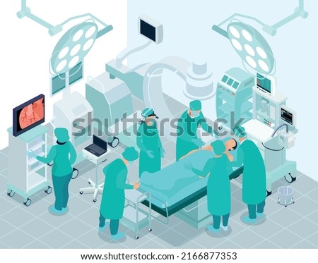 Medical operation isometric background with team of cardiac surgeons performing surgery in operating room interior vector illustration