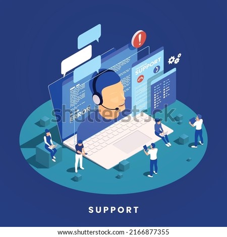 Isometric online technical support concept with male operator on laptop screen system error chatting customers 3d vector illustration
