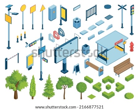 Isometric city color icon set with green bushes and trees street lights and advertising signs billboards vector illustration