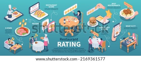 Isometric restaurant rating infographics with 5 star reviews vector illuustration