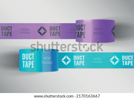 Duct tape mockup realistic set with purple and lavender colored adhesive tapes with text and logo vector illustration