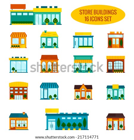 Store shop front window buildings icon set flat isolated vector illustration