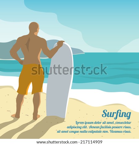 Surfing summer poster with male surfer and board on sandy beach vector illustration