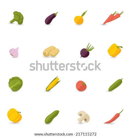 Food vegetables flat set of pepper pumpkin broccoli onion garlic isolated vector illustration