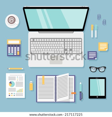Business office workplace flat set with computer id card notebook isolated vector illustration