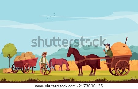 Horse drawn vehicles at rustic background with animals in harness to work on ranch cartoon vector illustration