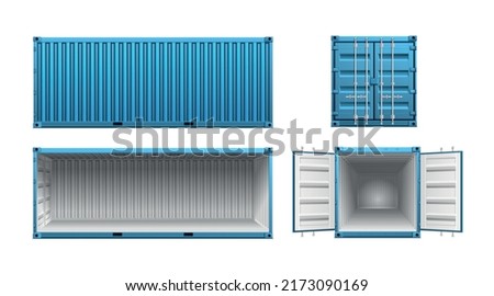 Realistic set of open and closed blue metal cargo container front and side view isolated vector illustration