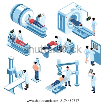 Isometric ultrasound xray scan diagnostic icon set various types of diagnostics of diseases with the help of medical devices vector illustration