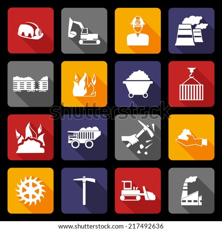 Coal machinery factory mining industry warehouse flat icons set isolated vector illustration