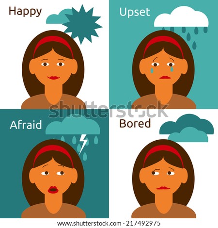 Cartoon woman character happy upset afraid bored emotions flat icons with weather symbolic abstract vector isolated illustration