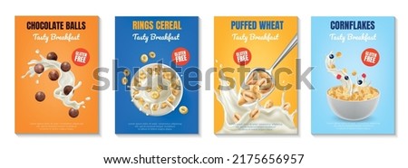 Breakfast cereal realistic poster set with balls and rings isolated vector illustration