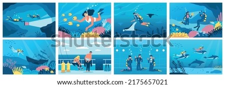 Diving and snorkeling flat poster set with sportsmen swimming undersea isolated vector illustration