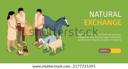 Natural exchange horizontal banner with people exchanging foodstuffs obtained with their own hands isometric vector illustration