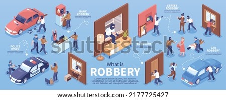 Isometric criminal robbery infographics with burglar caught by police vector illustration