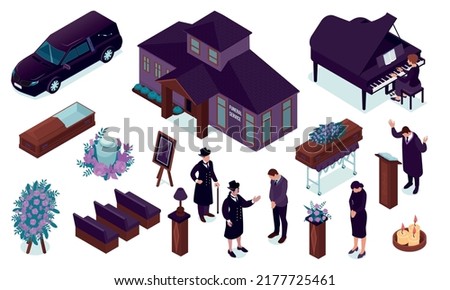 Funeral service isometric set of agency building items for burial priest family members and relative characters isolated vector illustration