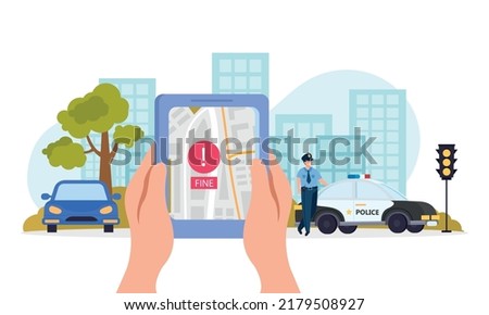 Traffic police flat colored concept tablet in hand with parking app and a fine on the screen vector illustration