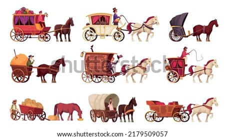 Horse drawn vehicles cartoon set of animal in harness to work on ranch or transportation of people isolated vector illustration