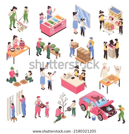 Isometric teenagers icons set with young people working in local stores on practice or internship isolated vector illustration