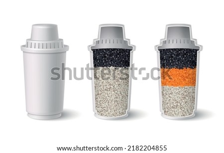 Water filter realistic set with mineral and charcoal filling isolated vector illustration