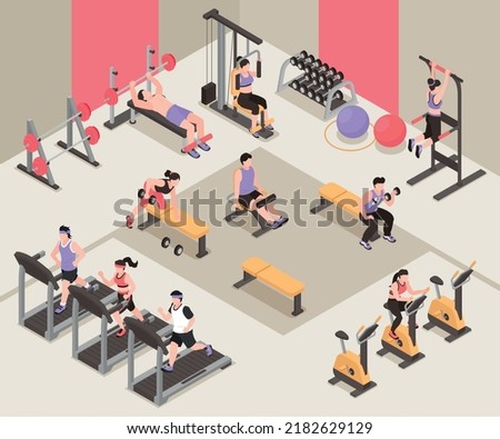 Isometric fitness club concept with gym space and people traning vector illustration