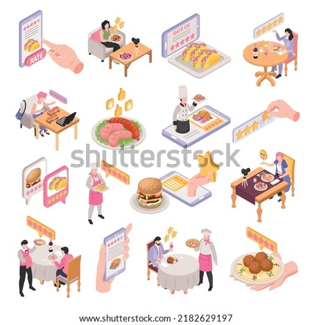 Isometric restaurant rating icons set with michelin star system isolated vector illustration