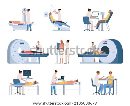 Medical diagnosis equipment flat icon set X rays MRIs CT scans ultrasounds and various other medical procedures vector illustration