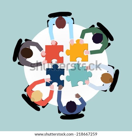 Business team meeting brainstorming concept top view group people on table with puzzle vector illustration
