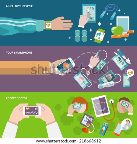 Digital health healthy lifestyle smartphone pocket doctor banner set isolated vector illustration