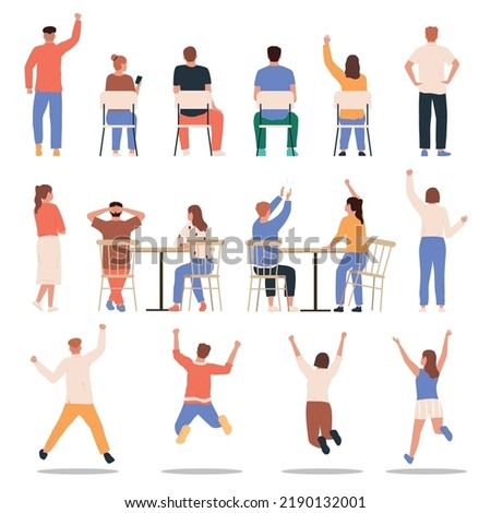 People back flat icon set people stand and sit on chairs facing backwards vector illustration